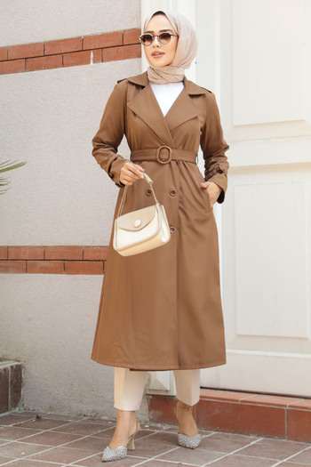 Neva Style Tan Hijab Trench Coat - Buckle and Belt, Model 5942Tb