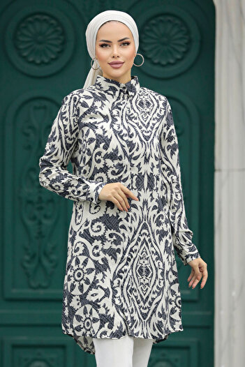 Neva Style Patterned Black Hijab Viscose Tunic 11663S