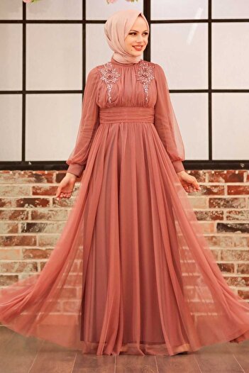 Neva Style Flower Detailed Dark Salmon Hijab Evening Dress 22070Ksmn