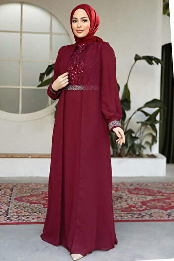 Neva Style Burgundy Hijab Evening Dress with Cloak 25876BR