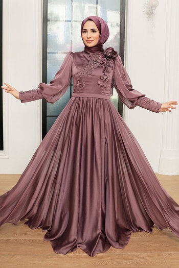 Neva Style Flower Detailed Dark Rose Dried Hijab Evening Dress 21960Kgk