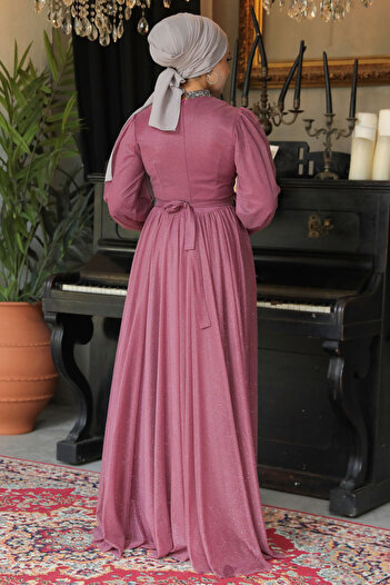 Neva Style Ασημί ανοιχτό Dusty Rose Hijab βραδινό φόρεμα 5501agk