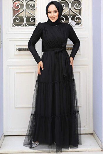 Neva Style Black Pleated Hijab Evening Dress 55621S
