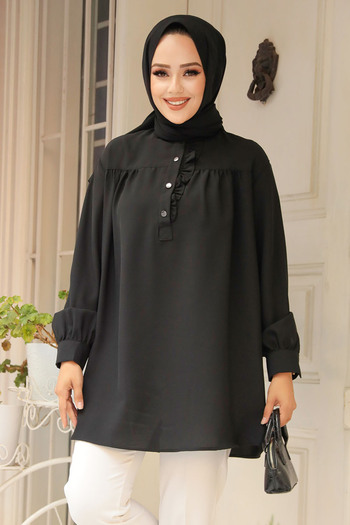Neva Style Black Hijab Tunic - Buttoned, Model 19026S