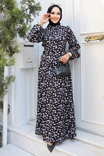 Neva Style Black Hijab Dress - Floral Pattern, Model 61071S