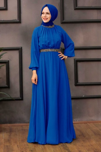 Neva Style Balloon Sleeve Sax Blue Hijab Evening Dress 5339Sx