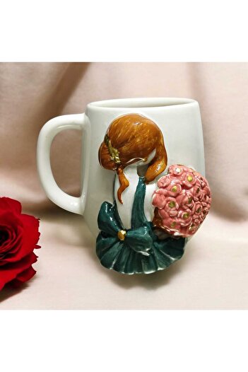 seda seramik Handmade Girl in Green Dress Mug Cup 400ml