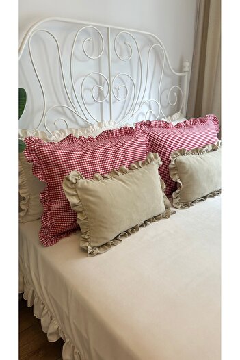 Decamor home 2 li Büyük Boy Keten Kırmızı Beyaz Mini Pötikare Yastık Kılıfı
