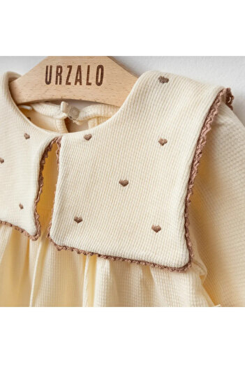 İnci Heart Embroidered Square Handkerchief Collar 100% Cotton Waffle Woven Baby Girl Lace Dress and Bandana Set