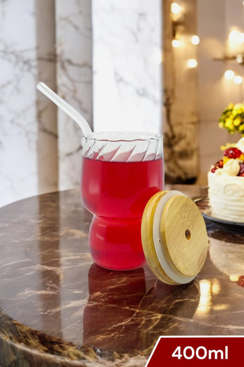 Kitchen Way Bamboo Lid Sealed 400ml Glass Presentation Glass with Straw and Line Pattern Soft Drink Glass Kw-042