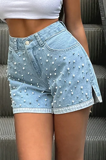 Trendyol Collection Modré perleťové džínové šortky City Boy s vysokým pasem TWOSS25SR00099