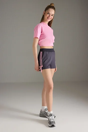 Trendyol Collection Anthracite Contrast Stripe and Bow Short Stretch Knitted Shorts & Bermuda