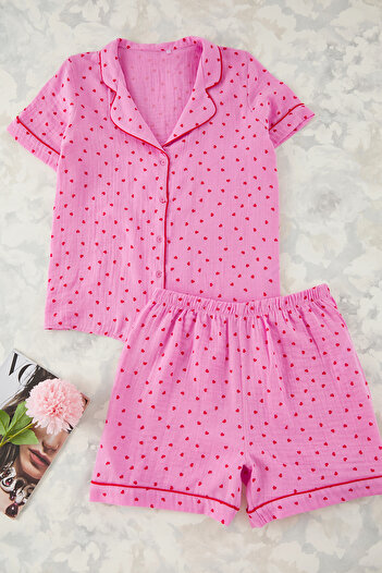 Trendyol Curve Pink Heart Patterned Bias Muslin Woven Pajamas Set Tbbss25Ai00029