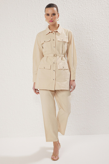 Trendyol Modest Stone Pocket and Belt Detailed Gabardine Woven Bottom-Top Suit Tctss25Us00038