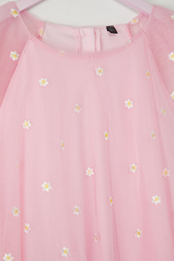 TRENDYOLKIDS Pink Girl Floral Mini Short Sleeve Woven Dress Tkdss25El00030