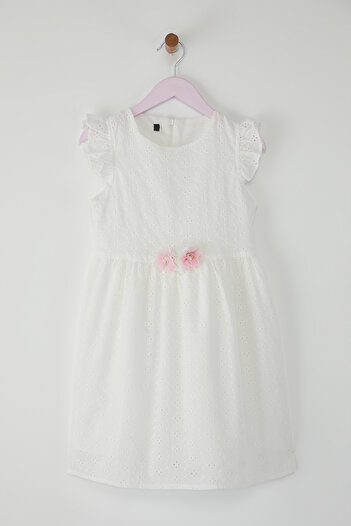 TRENDYOLKIDS Girl's Ecru Dress 100% Cotton Ruffled Mini Short Sleeve Woven