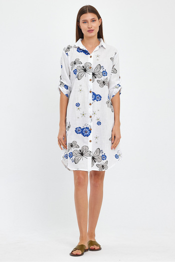 TCT TEKSTİL Patterned Three Quarter Sleeve Tunic - Full Button - Slub Tunic - 1550