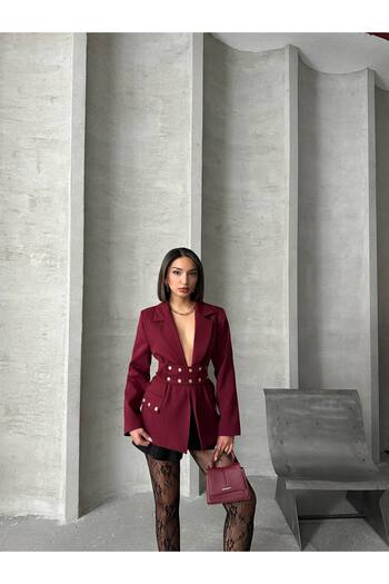 VESS MODA Women's Belt Snap Detailed Special Design Blazer Jacket