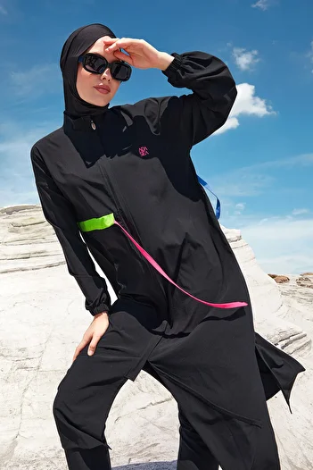 Adasea Long Full Length Sports Lycra Full Covered Hijab Swimsuit 1228 Black