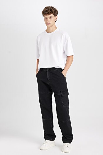 DeFacto 100% Cotton Wide Leg Fit Wide Fit Regular Waist Wide Leg Cargo Pocket Jean Pants B4638Ax24Au