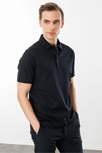 Desen Triko Men's Polo Neck Mercerized T-Shirt Black