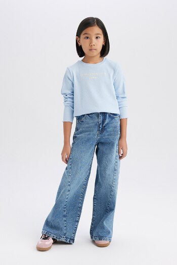 DeFacto Tricou pentru școală cu mânecă lungă, slim fit, cu decolteu rotund, cu imprimeu, cu mânecă lungă, pentru fete D8565A82