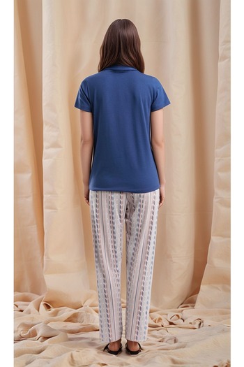 Pierre Cardin Kadın İndigo Kısa Kol Desenli Pamuklu Modal Pijama Takımı Q9P0K5C7K