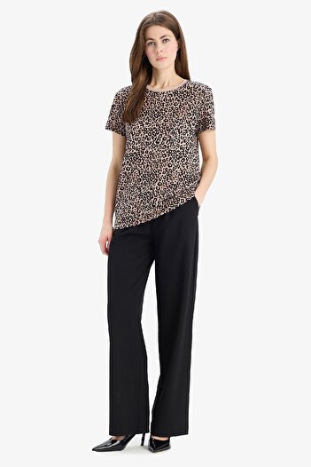 DeFacto Long Fit Crew Neck Leopard Print Combed Cotton Short Sleeve T-Shirt U1778Az25Sp