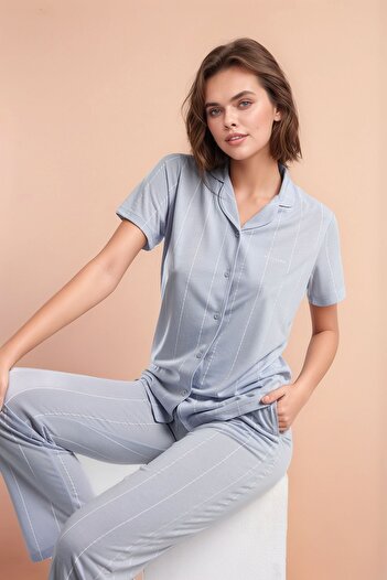 Pierre Cardin Kadın Mavi Önden Düğmeli Kısa Kol Desenli Pamuklu Viskon Pijama Takımı Q9P0K9C3K