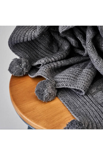 Karaca Home Pompom Cable Knit Throw, 130cmx170cm, Grey