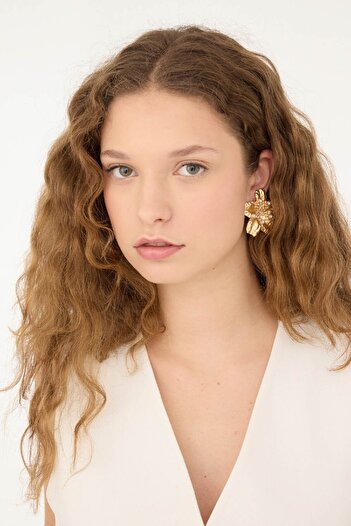 DeFacto Women's Flower Motif Pearl Matte Gold Earrings E1310Axns