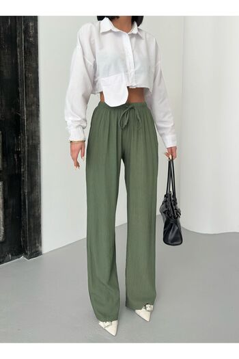 aytenli High Waist Wide Leg Lace up Fitted Elastic Waist Pocket Strawberry Fabric Palazzo Pants