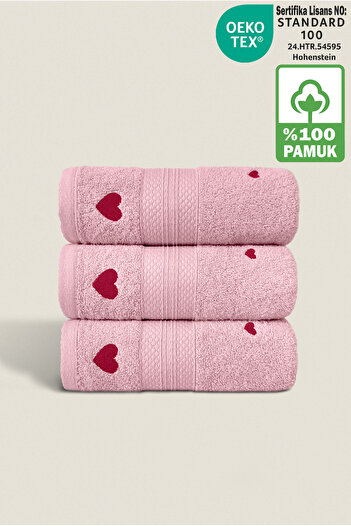 Ellaline Luv 3-Piece Towel Set - 100% Cotton, Certified, Heart Embroidered Hand Face Kitchen Towel, 50X80Cm