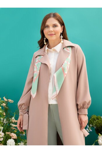 ALİA Large Size Trench Coat with Tied Sleeves - Latte - Alia