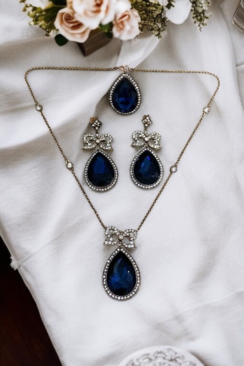 FAYRA ACCESSORIES Zircon Stone Bow Figured Big Water Drop Earrings Necklace and Adjustable Ring Set
