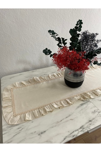 LILYUM Beige Home Necessities: Runner 100% Cotton Raw Linen, Frills and Lace 40X110 cm