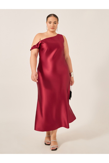Styli Plus Size Asymmetric Neck Satin A-Line Maxi Dress
