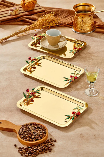 MuiStore 3 Pieces Elegante Gold Series Duo Luna Nera Handle Patterned Presentation Tray |   Promise Engagement Tray 22X16Cm