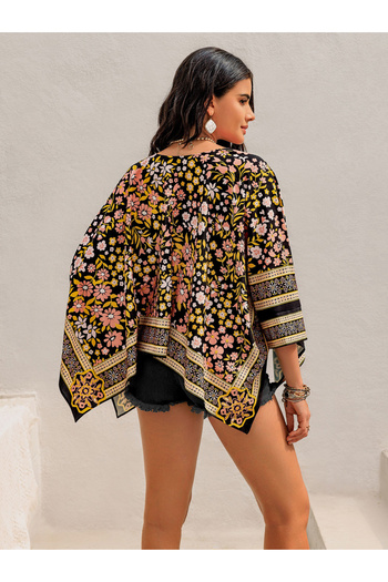 Russty Dustty By Styli Floral Print Batwing Sleeve Asymmetric Hem Kimono