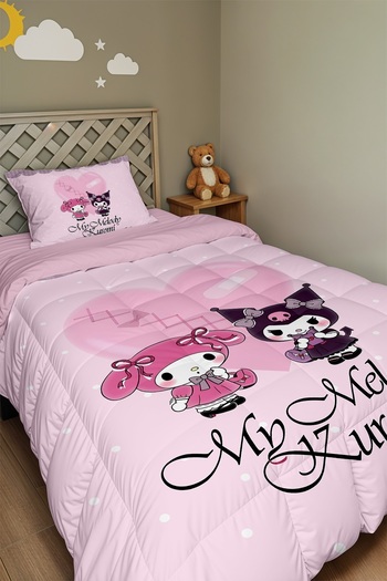 EVPANYA Pink Polka Dot My Melody and Kuromi Patterned Single Quilt and Pillowcase
