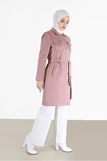 Alvina Staple Detailed Belted Suede Trench Coat 10457