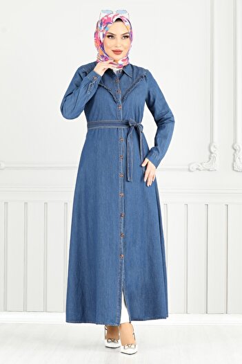 ModaMerve Rochie din denim cu volane cu detaliu în față 25023MTS1095-M Blugi