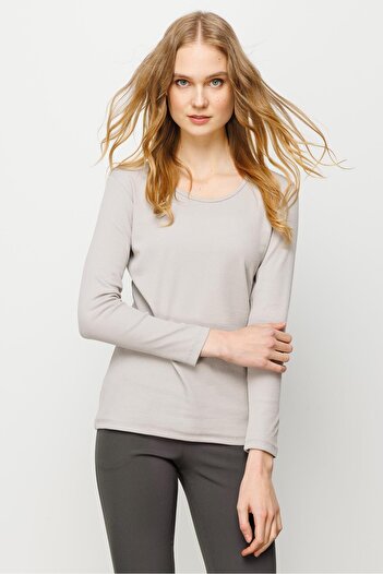 Desen Triko Women's Crew Neck Long Sleeve Basic Cotton Blouse Stone