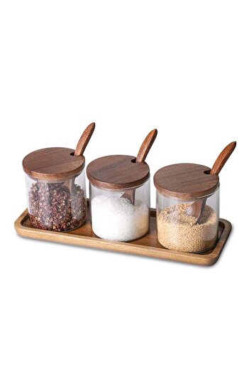 COOYA 3-Piece Spice Bottle Set, With Wooden Lid and Spoon, High-Quality Glass, Suitable for Kitchen