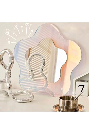 COOYA Irregular Wavy Vanity Funky Desk Mirror,with Wooden Stand for Living Room Bedroom Office and Home