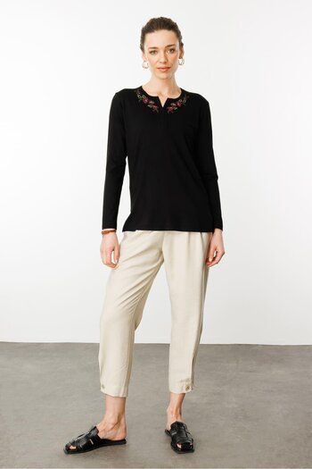 Desen Triko Women's Embroidered Long Sleeve Combed Cotton Blouse Black