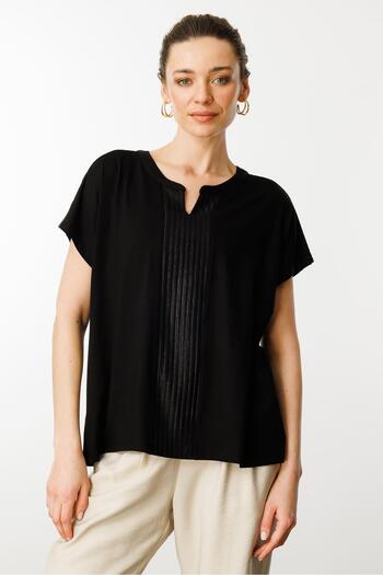 Desen Triko Women's Open Collar Front Banded Combed Cotton Blouse Black