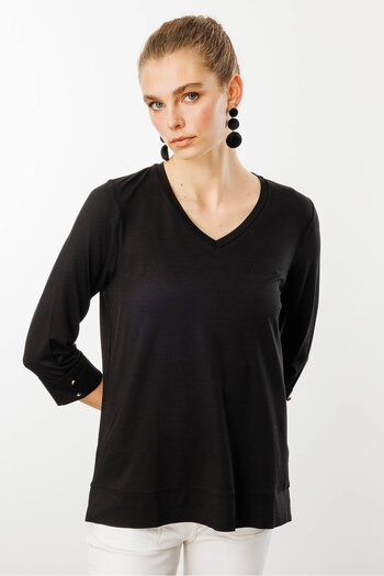 Desen Triko Women's Black V-Neck Combed Cotton Blouse