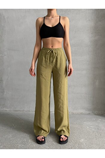 BEJNA Women's Oil Green Soft Modal Containing Elastic Waist Palazzo Trousers
