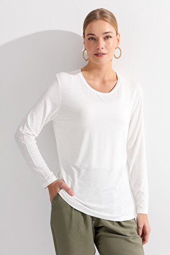 Desen Triko Women's Crew Neck Flared Fabric Basic Combed Cotton Blouse Ecru
